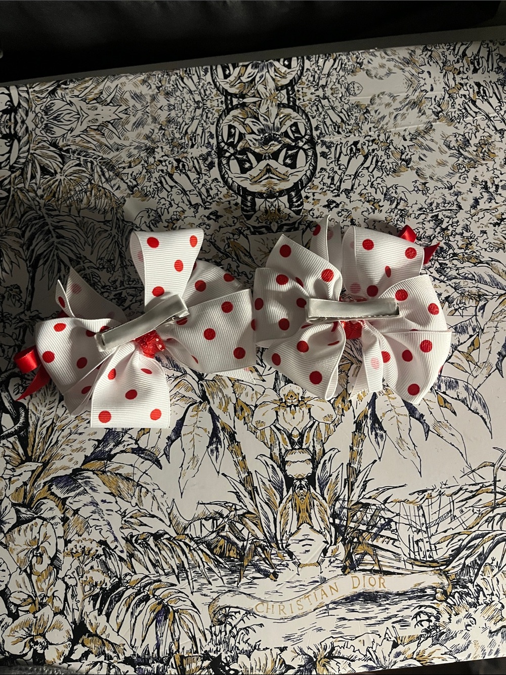 Handmade White Bow Hair Clips with Red Polka Dots - Picture 2 of 2
